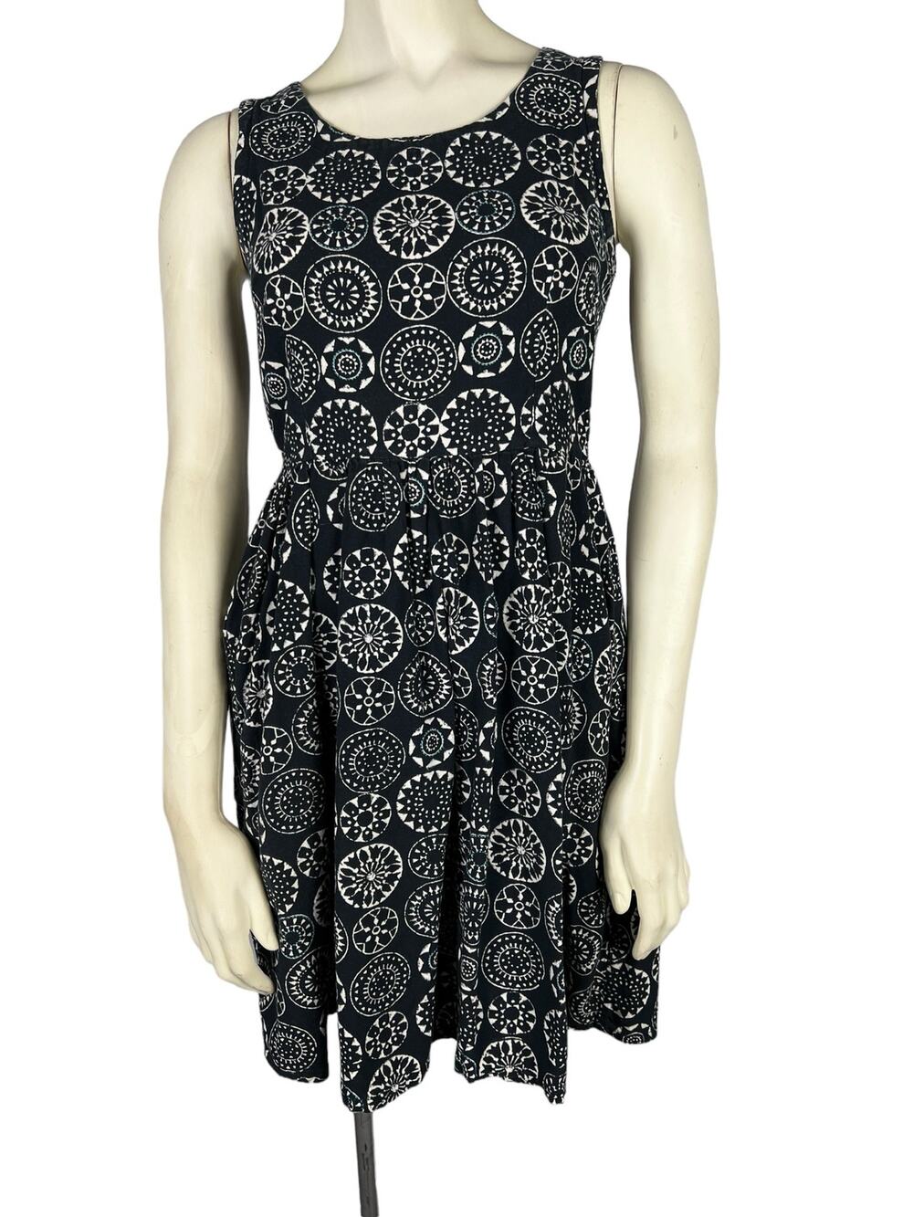 Mata Traders Black White Cotton Dress Womens XS Fit Flare Geometric Print